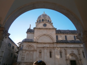 The patron saint of Sibenik is St. Michael who is one of the three statues at the top of the Cathedral dome.  He stands with St. Philip and St. Nicholas. 